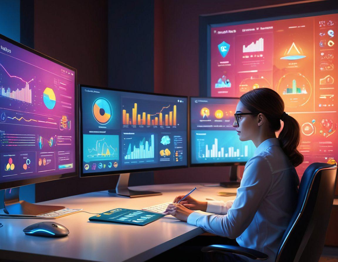 A person sitting comfortably at a desk, navigating a vibrant digital interface filled with various insurance options represented by colorful icons and graphs. The background features subtle elements symbolizing protection and security, like shields and umbrellas. The overall atmosphere should feel helpful and empowering, with warm lighting and a modern aesthetic. super-realistic. vibrant colors. 3D.