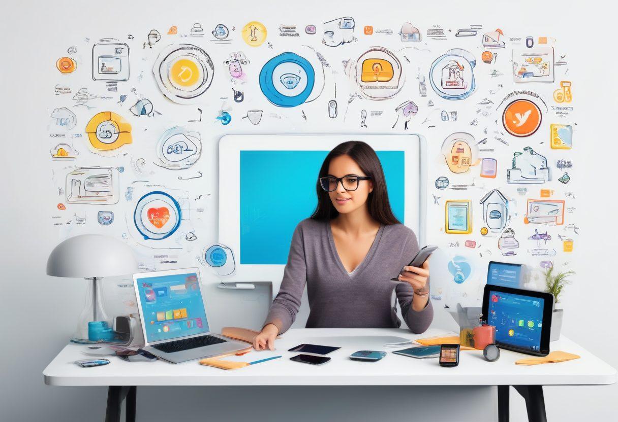 A digital collage showcasing diverse types of insurance: health, auto, and home, interspersed with smart gadgets like a laptop, smartphone, and tablet displaying online resources. Include a person thoughtfully analyzing their options with a pleasant expression, surrounded by icons of tips and tricks, like light bulbs and checklists. Use a fresh, modern design with bright colors to convey clarity and smart choices. super-realistic. vibrant colors. white background.