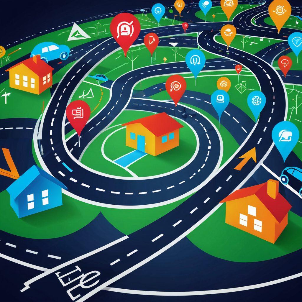 A detailed roadmap featuring various insurance-related icons such as home, health, auto, and life insurance symbols. The road is lined with signposts pointing towards keywords like 'Best Prices', 'Reviews', and 'Comparisons'. A digital device displaying insurance policies and graphs is integrated into the scene. Bright colors and engaging visuals make it inviting. vibrant colors. digital art.
